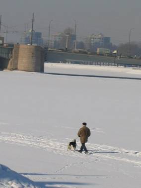 Переход по льду реки Малой Невы у Тучкова моста, мужчина с собакой