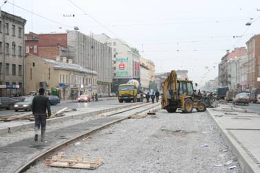 Лиговский проспект, реконструкция, строительство трамвайной остановки Кузнечный переулок, рельсы