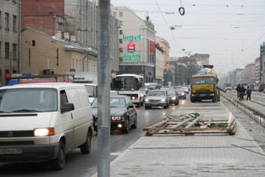 Лиговский проспект, реконструкция, строительство трамвайной остановки Кузнечный переулок, рельсы